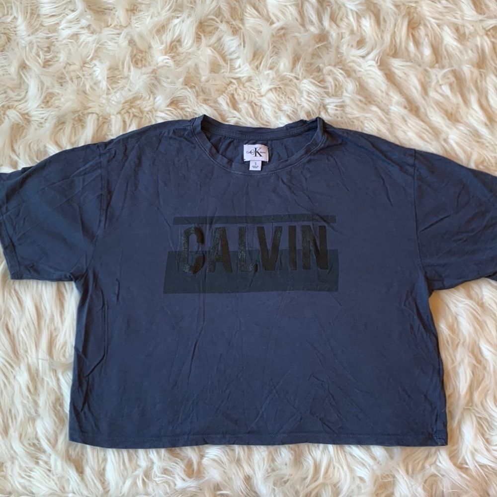 Womenโs Dark Blue Cropped Calvin Klein Jeans T-shirt Size Small